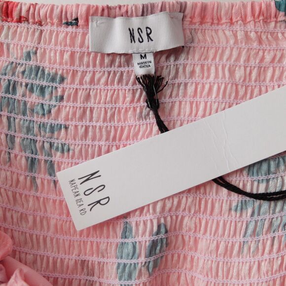 NSR Pink Floral Satin Dress Front Tie Smocked Back Dress Size Medium NWT - Picture 6 of 9